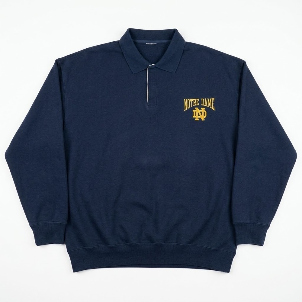 Vintage Notre Dame Fighting Irish Polo Sweatshirt Mens 2XL Pockets Navy Pullover
